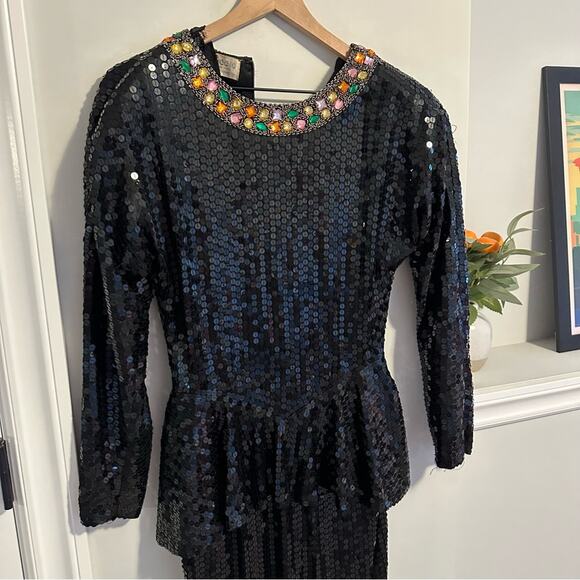 Vintage Swee Lo Black Gem Sequin Long Sleeve Mini Dress Medium - Picture 7 of 11